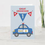 Great Grandson 1st Birthday Blue Police Car Card<br><div class="desc">A great grandson of yours will be celebrating his very first birthday soon. Why not gift him with this cute police car card. The number one is shown on the flag to indicate his age. Get a copy now!</div>