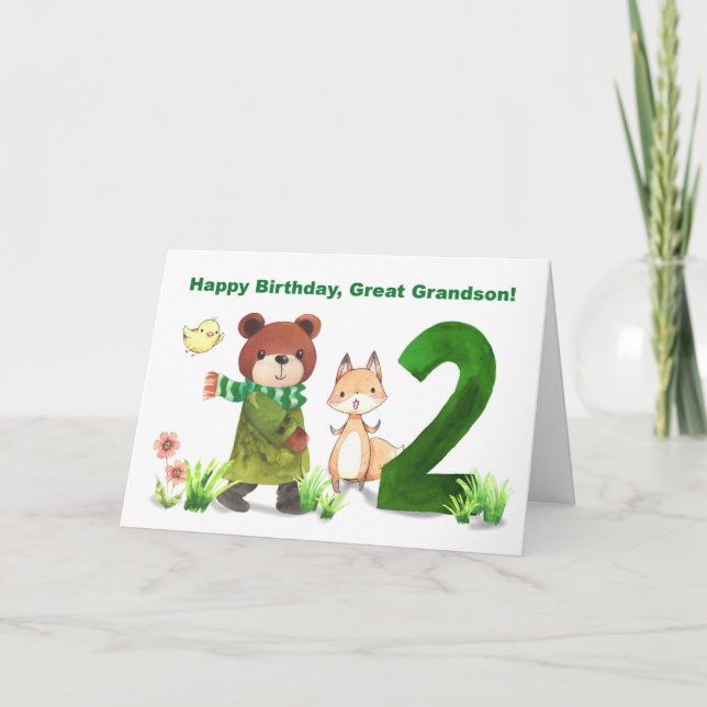 Great Grandson 2nd Birthday Bear and Fox Large Two Card (Front)