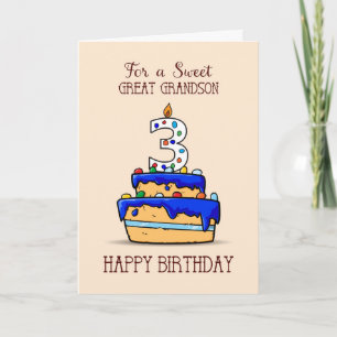 Great Grandson 3rd Birthday, 3 on Sweet Blue Cake Card