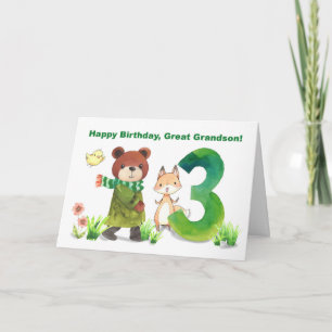 Great Grandson 3rd Birthday Bear Fox Large Five Card