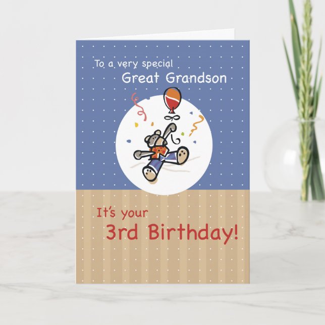 Great Grandson 3rd Teddy Bear Balloon Birthday Card (Front)