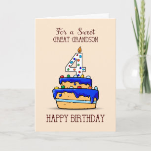 Great Grandson 4th Birthday, 4 on Sweet Blue Cake Card