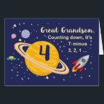Great Grandson 4th Birthday Planets in Outer Space<br><div class="desc">Turning 4 is out of this world,  especially when it is your great grandson! Rocket ship,  planets and stars fill in the front of the card with the message as you count down to say Happy Birthday!</div>