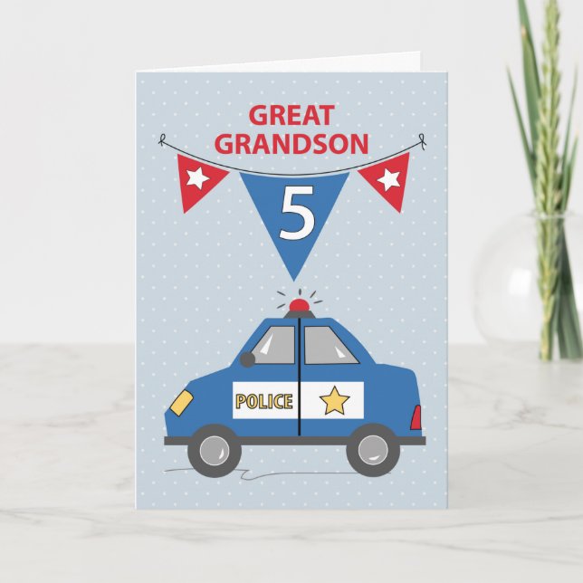 Great Grandson 5th Birthday Blue Police Car Card (Front)