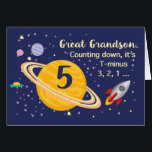 Great Grandson 5th Birthday Planets in Outer Space<br><div class="desc">Turning 5 is out of this world,  especially when it is your great grandson! Rocket ship,  planets and stars fill in the front of the card with the message as you count down to say Happy Birthday!</div>