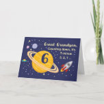 Great Grandson 6th Birthday Planets in Outer Space Card<br><div class="desc">Turning 6 is out of this world,  especially when it is your great grandson! Rocket ship,  planets and stars fill in the front of the card with the message as you count down to say Happy Birthday!</div>