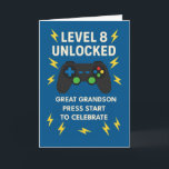 Great Grandson 8th Birthday Game Controller Age 8  Card<br><div class="desc">Your great grandson is turning 8—and it’s game time! Celebrate his big day with this fun and colourful design featuring a video game controller, lightning bolts, and the message “Level 8 Unlocked.” Set against a bold blue background, this card is made for young gamers who love action, challenge, and fun....</div>