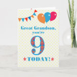 Great Grandson 9th Birthday Bunting Balloons Card<br><div class="desc">A colorful birthday card for a 9-year-old great grandson, with the large number 9 filled with an orange, red and blue pattern, outlined in bright blue. There are balloons and bunting at the top, in matching colors and the front cover greeting is, 'Great grandson, you're 9 today!' in bright blue...</div>