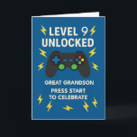Great Grandson 9th Birthday Game Controller Age 9 Card<br><div class="desc">Send birthday power-ups to your game-loving great grandson! This playful design features “Level 9 Unlocked” in bold white lettering, paired with a cool video game controller and bright lightning bolts. The electric blue background gives the card a pop of energy—perfect for a 9-year-old with big dreams and a love of...</div>