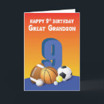 Great Grandson 9th Birthday Sports Balls Card<br><div class="desc">Standing tall in the middle of the card is the number nine surrounded by a collection of sports balls. This card is intended to greet your great grandson a happy 9th birthday when the day of celebration finally arrives.</div>