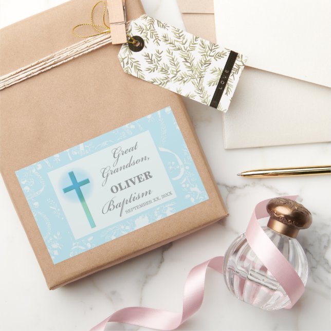 Great Grandson Baptism Blue Lace Personalised Rectangular Sticker (Gifting)