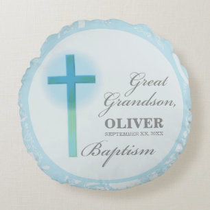 Great Grandson Baptism Blue Lace Personalised Round Cushion