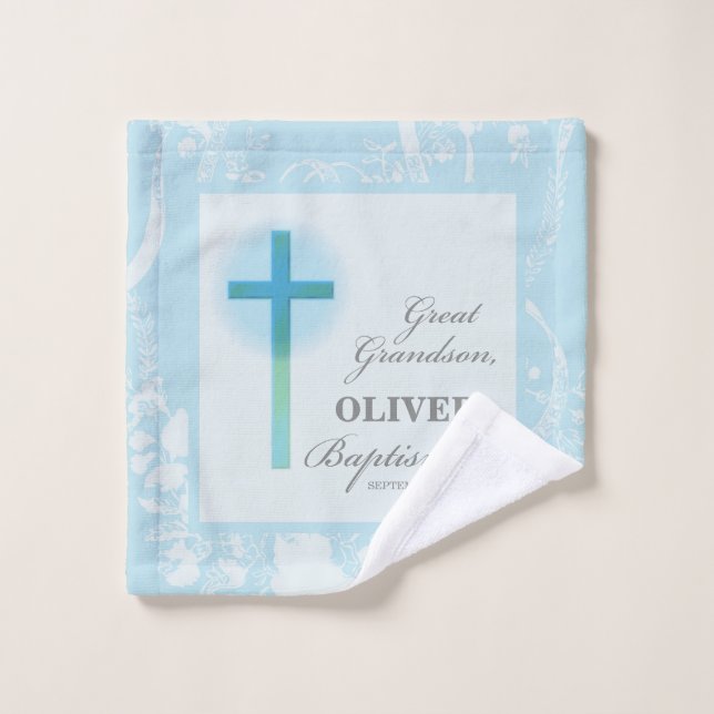 Great Grandson Baptism Blue Lace Personalised Wash Cloth (Wash Cloth)