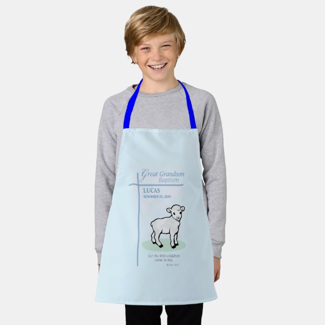 Great Grandson Baptism Blue Lamb Personalised Apron (Worn)