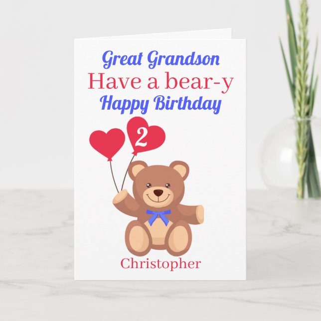 Great Grandson Bear 2nd Birthday Card (Front)