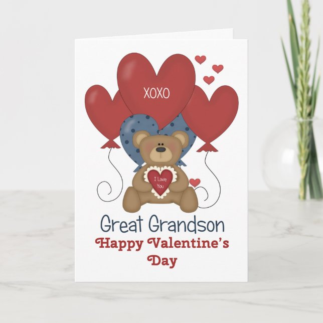 Great Grandson Bear and Balloons Valentine Holiday Card (Front)
