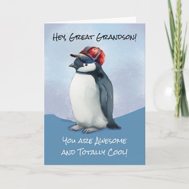Great Grandson Birthday Penguin With Baseball Hat Card (Front)