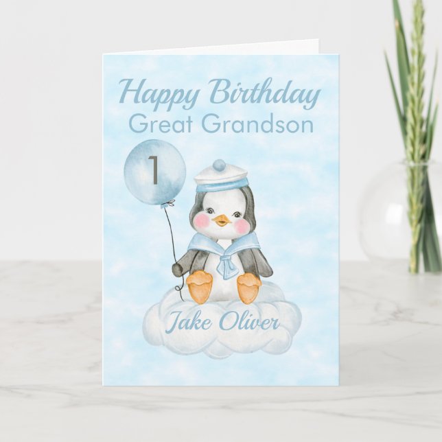 Great Grandson Blue Penguin 1st Birthday Card (Front)