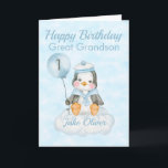 Great Grandson Blue Penguin 1st Birthday Card<br><div class="desc">A cute Great Grandson 1st birthday baby penguin birthday card. The card features a baby boy penguin sitting on a cloud holding a balloon. A sweet design for your great grandson or grandson who will be 1 year old. Add the child, s name to the front of the card to...</div>