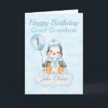 Great Grandson Blue Penguin 1st Birthday Card<br><div class="desc">A cute Great Grandson 1st birthday baby penguin birthday card. The card features a baby boy penguin sitting on a cloud holding a balloon. A sweet design for your great grandson or grandson who will be 1 year old. Add the child, s name to the front of the card to...</div>