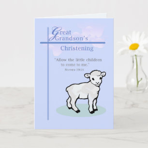 Great Grandson Christening Sweet Lamb Cross Blue Card