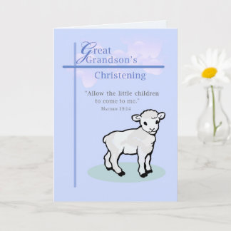 Great Grandson Christening Sweet Lamb Cross Blue Card