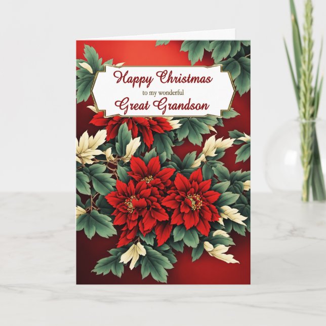 Great Grandson Christmas Poinsettias Holiday Card (Front)