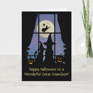Great Grandson Cute Happy Halloween Dog and Cat Card