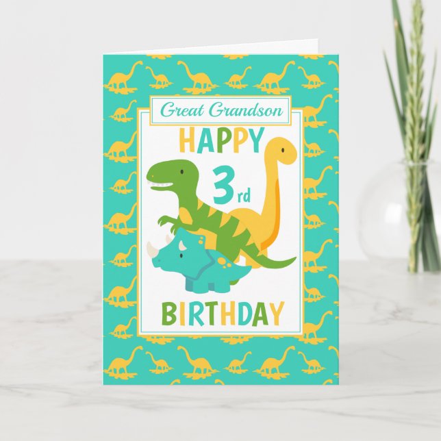 Great Grandson Dinosaur 3rd Birthday Blue Card (Front)