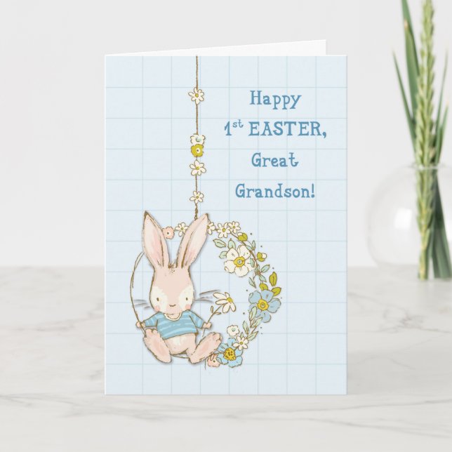 Great Grandson First 1st Easter Cute Bunny Flower Card (Front)