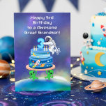Great Grandson Happy 3rd Birthday Astronaut  Card<br><div class="desc">Celebrate your great grandson’s 3rd birthday with this playful space-themed design featuring a charming astronaut placing the number three atop a cosmic cake, complete with planets, stars, and a rocket in motion. Set against a dreamy galaxy sky with Earth below, two friendly aliens help hold the cake, adding a fun,...</div>
