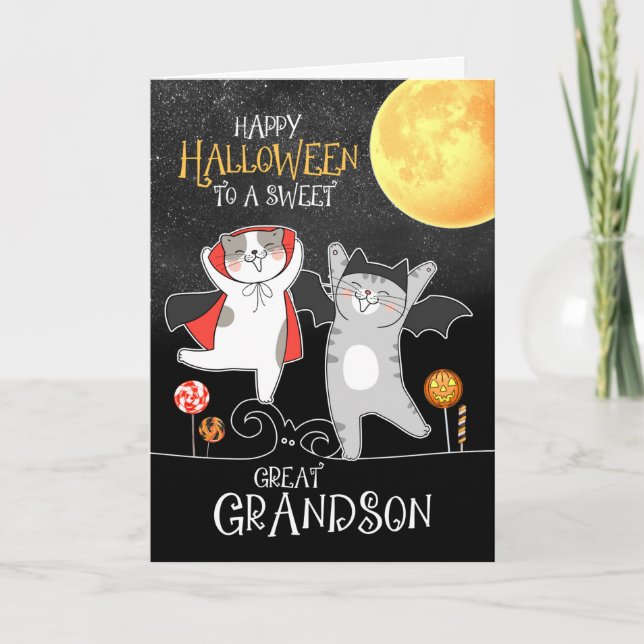 Great Grandson PURRfect Halloween Dancing Cats Holiday Card (Front)