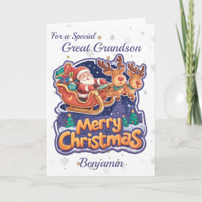 Great Grandson Santa Claus And Reindeer Christmas Holiday Card (Front)