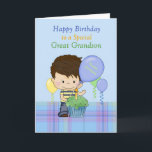 Great Grandson Special Happy Birthday with Boy Card<br><div class="desc">A sweet card for a Special Great Grandson, featuring a blue background with lower blue plaid and a sweet little boy wearing a blue and yellow shirt and jeans. There is a green cupcake in front of the little boy and balloons floating around. Boy and cupcake original design by Cheryl...</div>