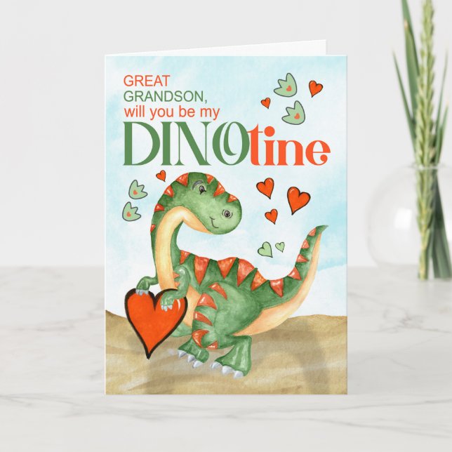 Great Grandson T-Rex Dinosaur Be Mine DINOtine Holiday Card (Front)