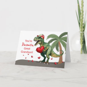 Great Grandson Valentine Dinosaur Hat and Hearts Card