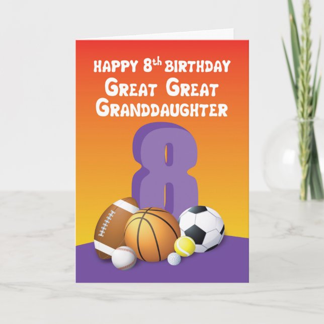 Great Great Granddaughter 8th Birthday Sports Ball Card (Front)