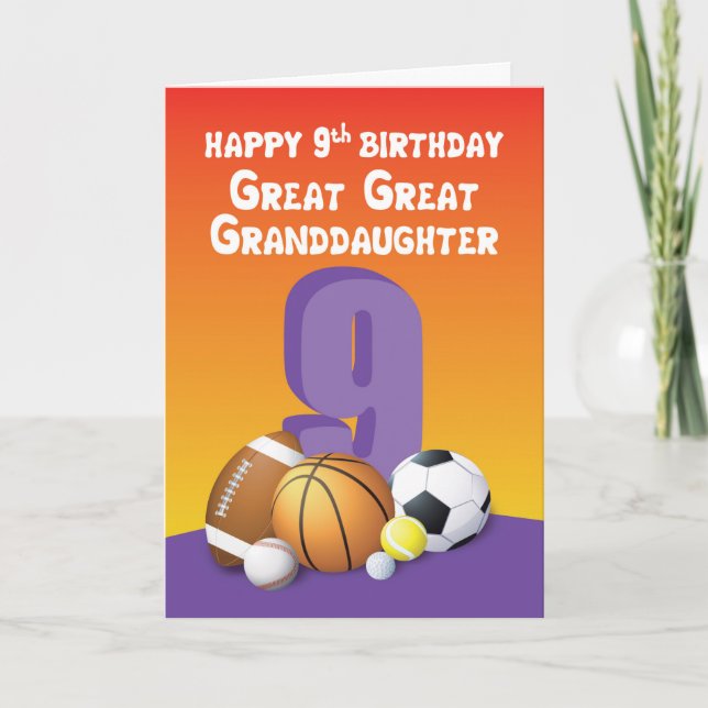 Great Great Granddaughter 9th Birthday Sports Ball Card (Front)