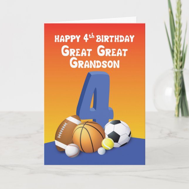 Great Great Grandson 4th Birthday Sports Balls Card (Front)