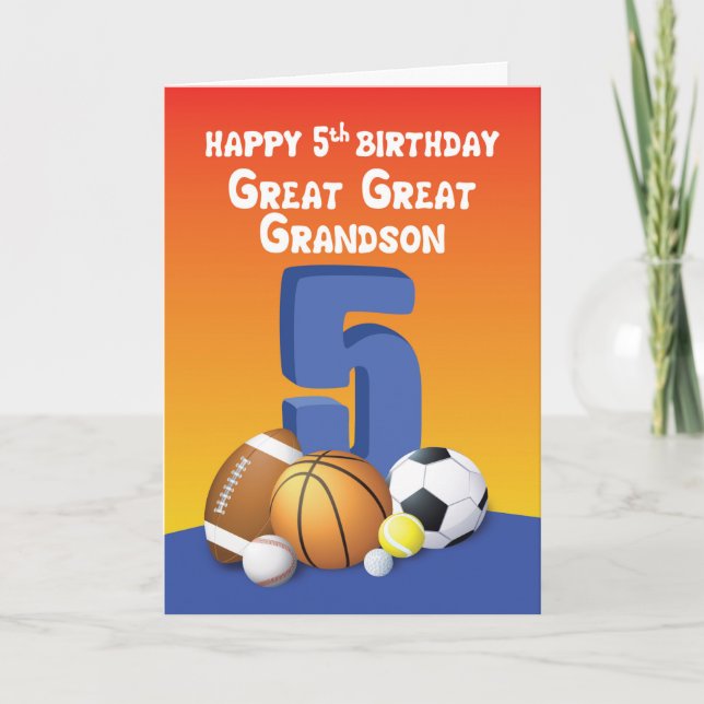 Great Great Grandson 5th Birthday Sports Balls Card (Front)