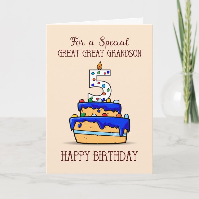 Great Great Grandson 5th Birthday, Sweet Blue Cake Card (Front)