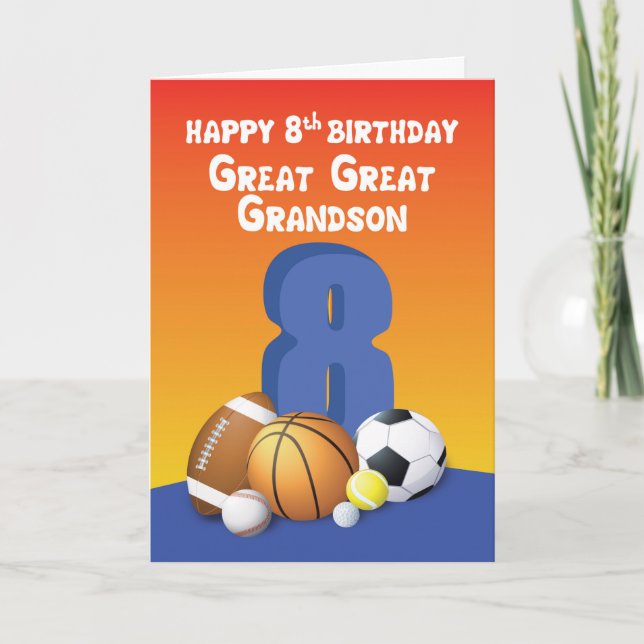 Great Great Grandson 8th Birthday Sports Balls Card (Front)