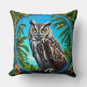 Great Grey Owl Floral Wildlife Bird Among Flowers Cushion