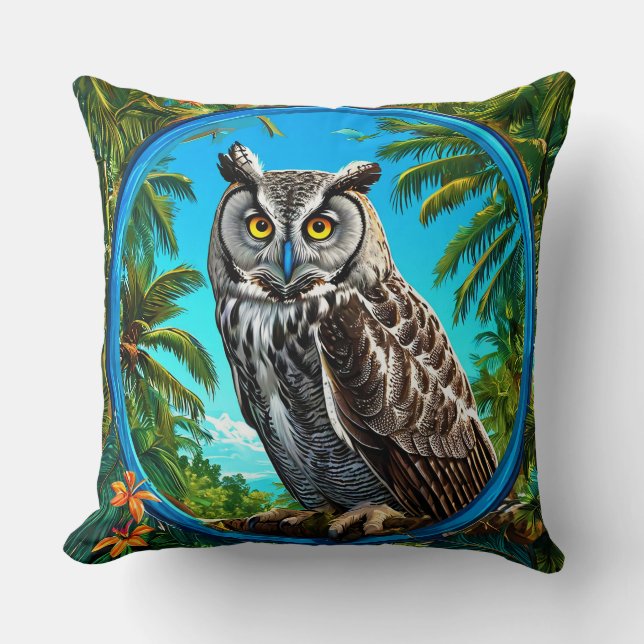 Great Grey Owl Floral Wildlife Bird Among Flowers Cushion (Front)
