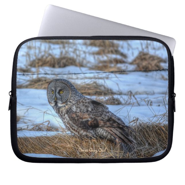 Great Grey Owl Raptor Winter Wildlife Photo Laptop Sleeve (Front)