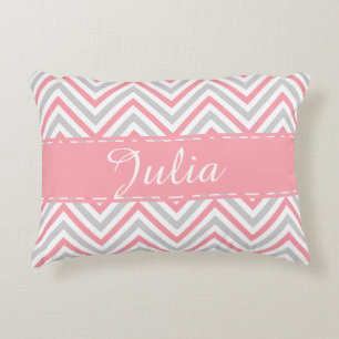 Great Grey Zig Zag Pattern Ribbon Rose Name Decorative Cushion
