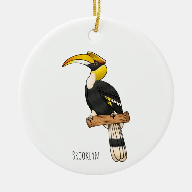 Great hornbill bird cartoon illustration  ceramic tree decoration (Front)