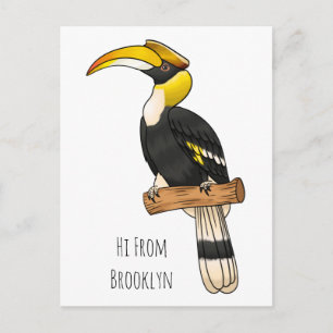 Great hornbill bird cartoon illustration postcard
