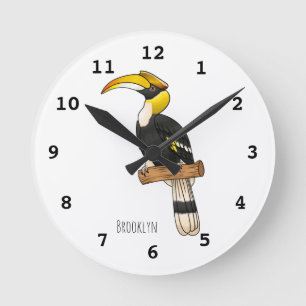 Great hornbill bird cartoon illustration round clock