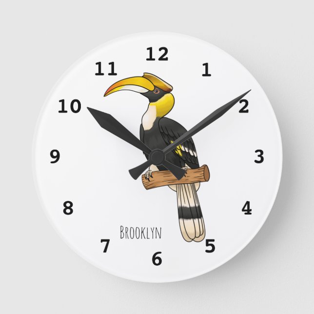 Great hornbill bird cartoon illustration round clock (Front)